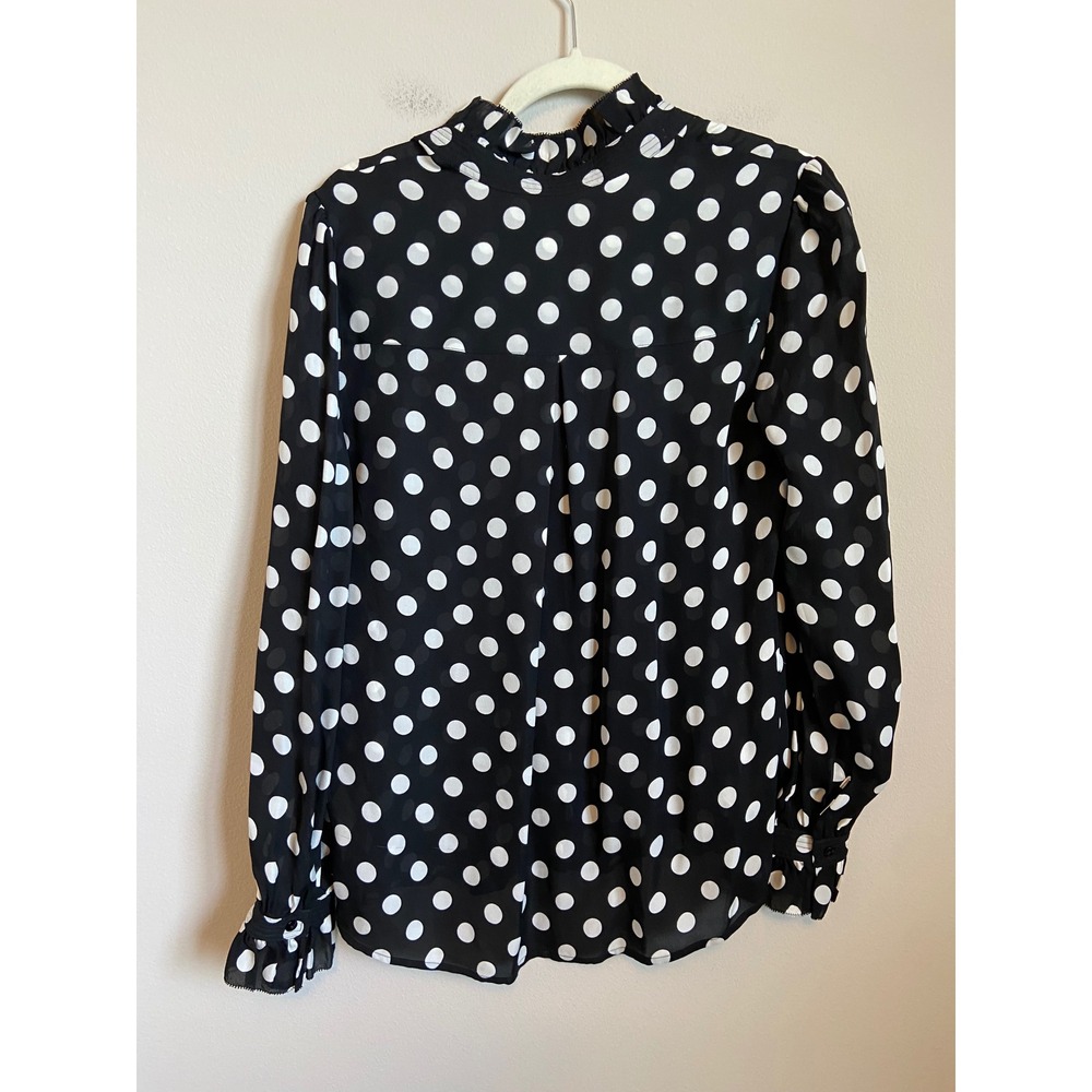L'AGENCE Black White Polka Dot Silk Ruffle Blouse V-Neck Button Down Small - Picture 8 of 8